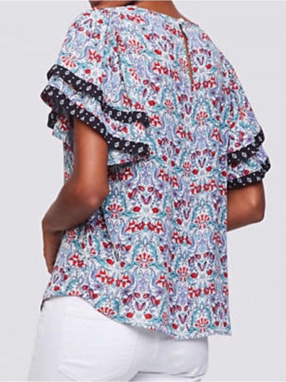 LOFT Red & Teal Floral Flutter Sleeve Blouse - Picture 7 of 7